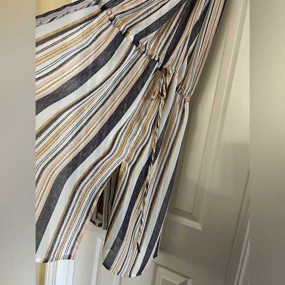 Xhilaration-Denim Blue-Ivory-Golden Stripes Lightly Sheer Open Front Shirt Dress - Picture 7 of 12